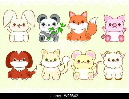 Collection of cute baby animals in kawaii style. Cat, dog, pig, rabbit, mouse, fox, panda, sheep. On retro background with dots pattern and lace Stock Vector