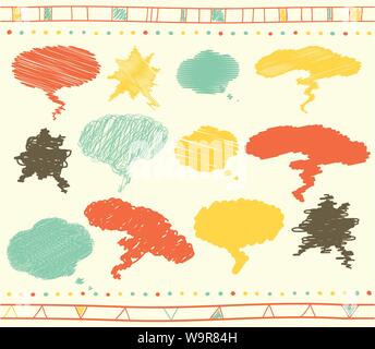 Vector collection of scribbled speech bubbles with hand drawn style of yellow, blue, red and grey colors Stock Vector
