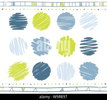 Vector collection of retro scribbled circular lines with hand drawn style of green  and blue color Stock Vector