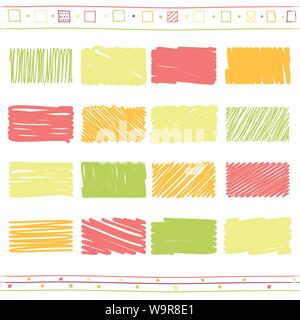 Vector collection of retro scribbled elements in hand drawn style of of green, orange, pink and red color Stock Vector