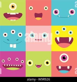 Funny background with cute cartoon monsters faces. EPS8 Stock Vector