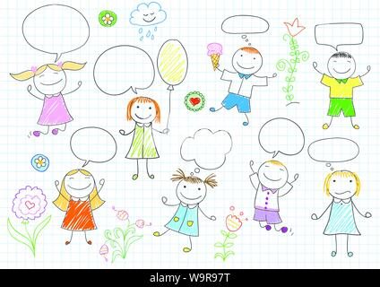 Happy children. Smiling girls and boys with comic speech bubbles. Vector sketch in doodle style on notebook page Stock Vector