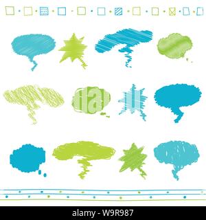 Vector collection of scribbled speech bubbles with hand drawn style of blue and green colors Stock Vector