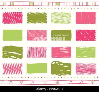 Vector collection of retro scribbled elements in hand drawn style of of green, magenta, pink and red color Stock Vector