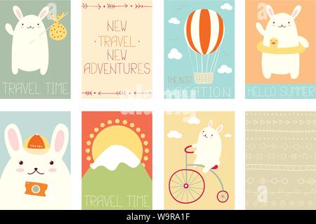 Collection of travel banner, background, flyer, placard in hand drawn style with cute bunny. Holiday poster for scrapbooking. Vacation vector template Stock Vector