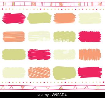 Vector collection of retro scribbled elements in hand drawn style of of green, pink and red color Stock Vector