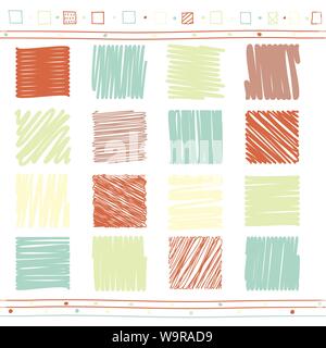 Vector collection of retro scribbled square elements in hand drawn style of of green, pink and red color Stock Vector