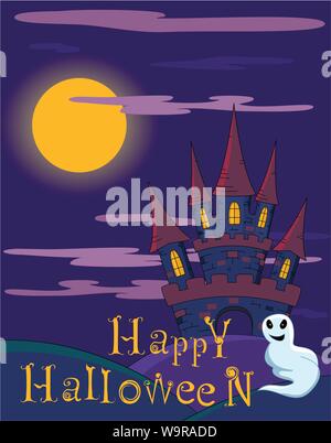 Vector Halloween background with spooky castle, full moon, night sky with clouds, hills. Sketch in doodle style. Inscriptions Happy Halloween and ghos Stock Vector