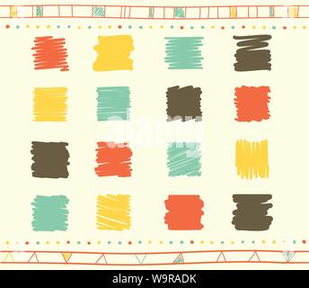Vector collection of retro scribbled square elements in hand drawn style of of yellow, gray, green and red color Stock Vector