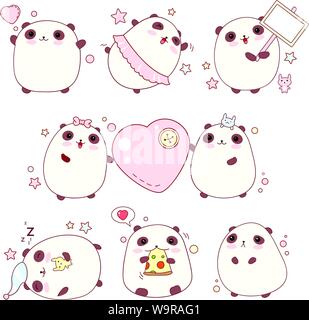 Collection of cute pandas with different emotions in kawaii style Stock Vector