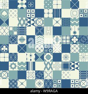 Seamless vector background in patchwork style with geometric patterns (tiling) of blue and ivory color. Endless texture can be used for pattern fills, Stock Vector