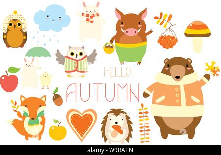 Hello autumn. Set of cute forest animals in hand drawn style - bear, fox, owl, hedgehog, wild boar, rabbit, chicken, in autumn clothes. EPS8 Stock Vector