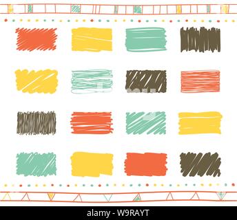 Vector collection of retro scribbled square elements in hand drawn style of of yellow, gray, green and red color Stock Vector