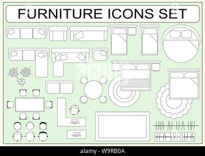 Set of simple furniture vector icons as design elements - sofa, table, computer desk, carpet, wardrobe, bed, chair, plants, armchair. Top view. EPS8 Stock Vector
