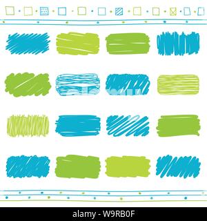 Vector collection of retro scribbled lines with hand drawn style of green, dark blue and blue color Stock Vector