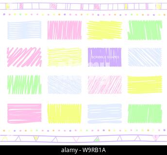 Vector collection of retro scribbled elements in hand drawn style of of green, yellow, pink and blue color Stock Vector
