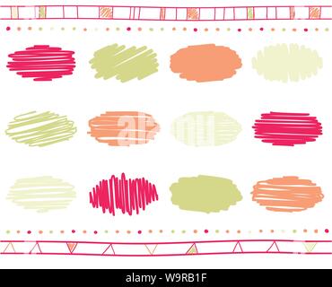 Vector collection of retro scribbled circular lines with hand drawn style of green, orange and red color Stock Vector