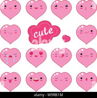 Funny smiley, kawaii style emoticon icon set. Valentine hearts of pink color with smiling faces, pink cheeks and winking eyes. For web design. EPS8 Stock Vector