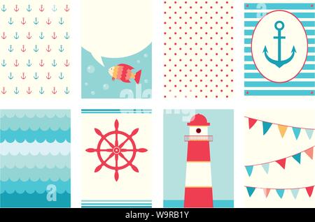 Set of banner, background, flyer, placard, sticker, poster for scrapbooking in marine style with cute fish, lighthouse, anchor. Vector template card f Stock Vector