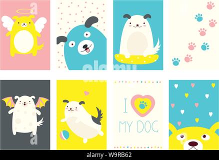 Banner, background, flyer, placard in hand drawn style with cute dogs. Holiday poster for scrapbooking. Vector template card for greeting, decoration, Stock Vector