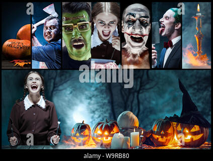 Mystical characters in nightly creative collage made of different photos of 5 models. Concept of horror, Halloween. Pumpking with the candle indside it. Witches, demons, murderers. Autumn's tradition. Stock Photo