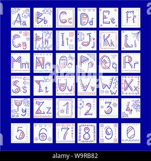 Alphabet with letters and numbers in doodle style. Included decorative frame and ornaments with flowers, flags, cute animal and geometric elements. Ca Stock Vector