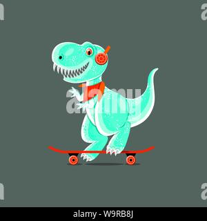 Dinosaur teen ride a skateboard. Funny cartoon characters. Seamless pattern. Isolated on gray Stock Vector