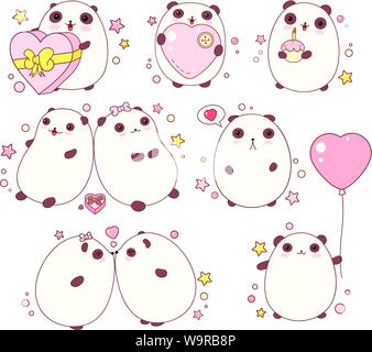 Collection of cute valentine pandas with different emotions in kawaii style. EPS8 Stock Vector