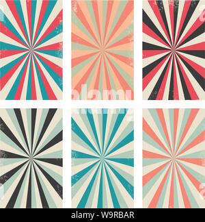 Vector set of vintage background with grunge old paper texture and retro circular striped pattern of pink, blue, red and black colors Stock Vector