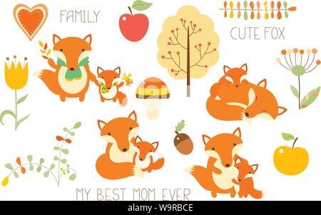 Collection of cute animal family. Fox with baby in different situation. Autumn tree, leaf, flowers, apple, heart. EPS8 Stock Vector