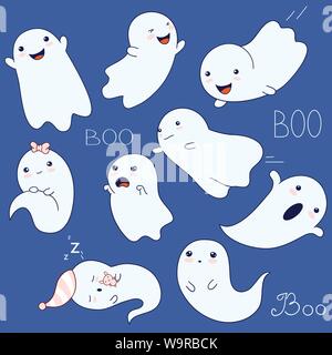 Set of cute ghosts with different emotions in kawaii style. Funny, angry, confused, sleep, happy, scary, laughing, playing, flying. For Halloween desi Stock Vector