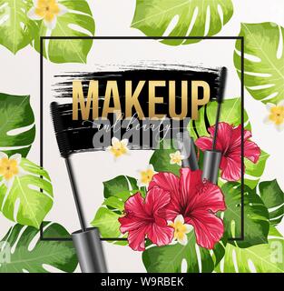 Makeup Cosmetics Banner Template with Mascara, Frame and Palm Leaves. Golden Calligraphy Text and Eyeliner Black Brush Stroke Texture. Vector Realistic Illustration. Golden Headline Stock Vector