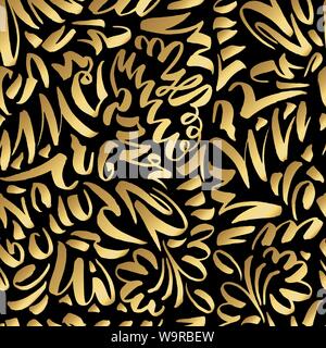 Golden Seamless Pattern with Slavonic Gold Calligraphy Brush Strokes. Black and White Colors for Fabric Textile Surface Design Stock Vector