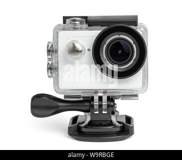 Action camera in a waterproof box isolated on white background. Stock Photo
