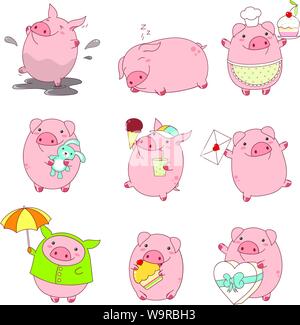 Set of cute pigs in kawaii style. Funny, happy, laughing, playing in mud, sleeping,  running, eating, with cake, with letter, with ice cream and a gla Stock Vector