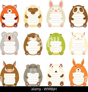 Set of cute animal memo pads with lines. Labels for scrapbooking. Vector template card for greeting, decoration, congratulation, invitation in retro p Stock Vector
