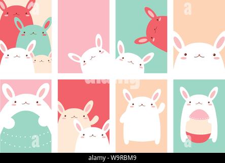 Collection of Easter banner, background, flyer, placard with cute rabbits. Holiday poster for scrapbooking. Vector template card for greeting, decorat Stock Vector