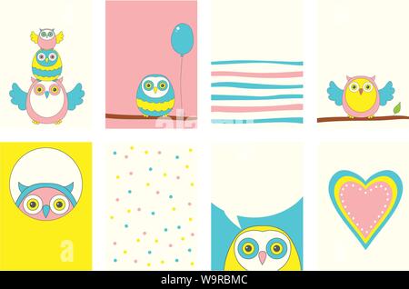 Banner, background, flyer, placard in hand drawn style with cute owls. Poster for scrapbooking. Vector template card for greeting, decoration, congrat Stock Vector