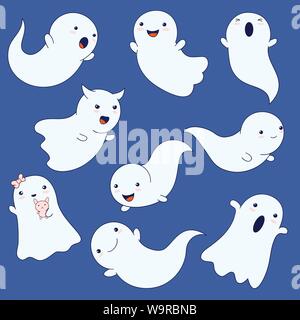 Set of cute ghosts with different emotions in kawaii style. Funny, angry, confused, happy, scary, laughing, playing, flying. For Halloween design. EPS Stock Vector
