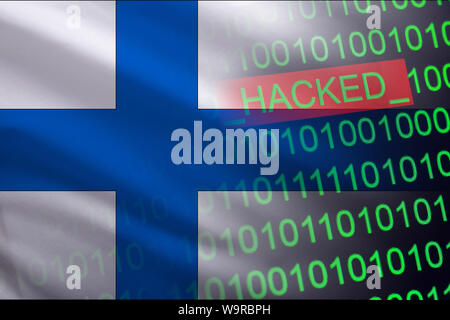 Finland hacked state security. Cyberattack on the financial and banking structure. Theft of secret information. On a background of a flag the binary code. Stock Photo