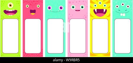 Set of memo pads with cute cartoon monsters faces. Labels for scrapbooking. Vector template card for greeting, decoration, congratulation, invitations Stock Vector