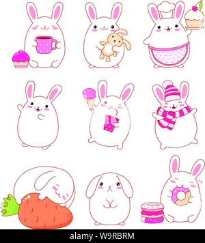 Set of cute rabbits in kawaii style. Funny, happy, laughing, sleeping, sad, running, eating, with cake, with letter, with donuts, ice cream and a glas Stock Vector