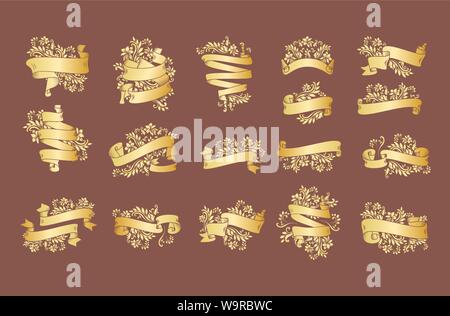 Gold vintage ribbon banners with leaves and flowers, drawing in engraving style. Golden banner ribbons with ornament on the black background. Premium design set for greetings, anniversary. Stock Vector