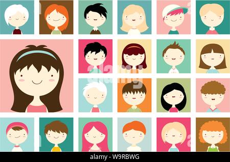 Set of male and female faces avatars. Vector icons set in flat style. Portraits of boys and girls with smile and pink cheeks in retro colors. EPS8 Stock Vector