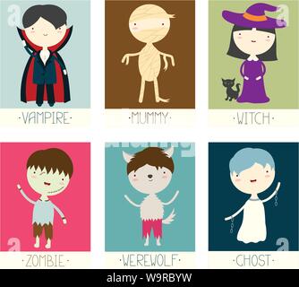 Set of Halloween banner, background, flyer, placard with cute zombie, werewolf, vampire, witch, ghost, mummy. Vector template card for greeting, decor Stock Vector