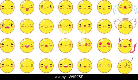 Funny kawaii style emoticon smileys set. Of yellow color with smiling faces, pink cheeks and winking eyes. For web design. EPS8 Stock Vector