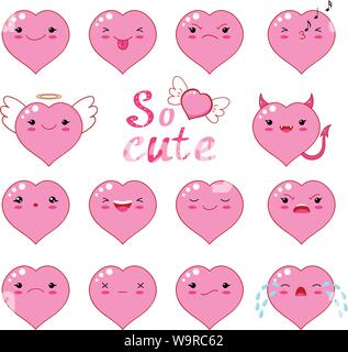 Funny smiley, kawaii style emoticon icon set. Valentine hearts of pink color with smiling faces, pink cheeks and winking eyes. For web design. EPS8 Stock Vector