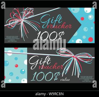 Set of horizontal gift voucher, label, coupon, sticker with inscriptions and bow. In blue, red and dark grey colors. Template for decoration, congratu Stock Vector
