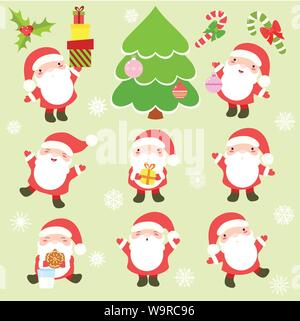 Set of cute Santa Clauses with different emotions and situations. Funny, happy, laughing, playing, jumping, with presents, decorating a xmas tree. For Stock Vector