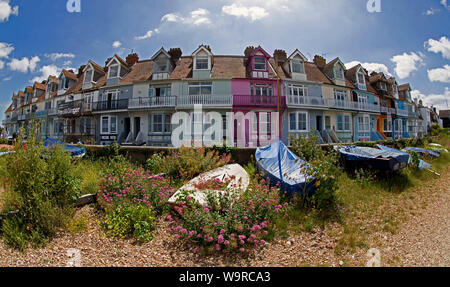 Row of terraced houses on the sea front at Whitstable, Kent, UK. Taken with a fish-eye lens. Stock Photo
